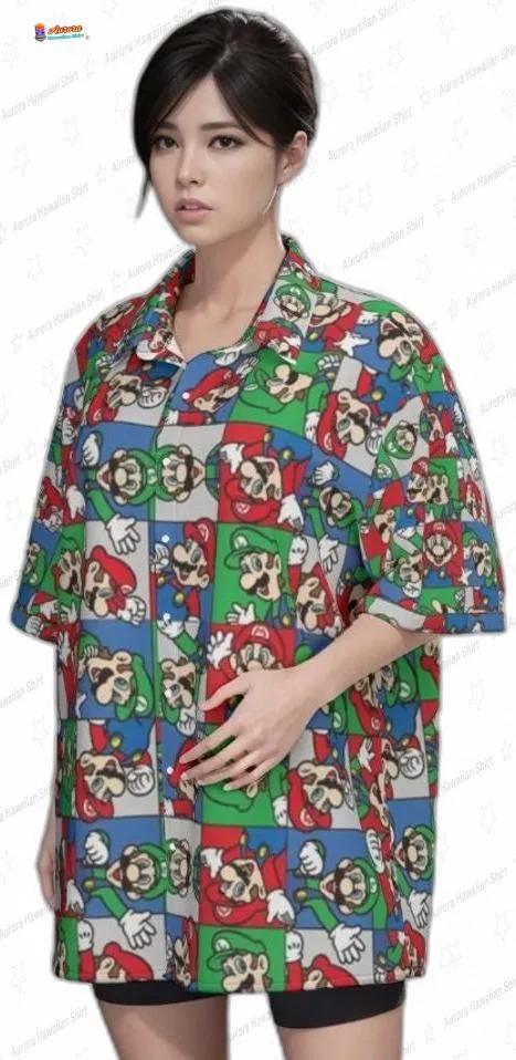 Color Block Mario Hawaiian Shirt for Men, Summer Outfit Color Block Mario Hawaiian Shirt for Men, Summer Outfit