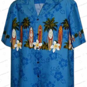 Surfs Up Blue Hawaiian Shirt with Surfboard Palm Tree Print for Beach Trips