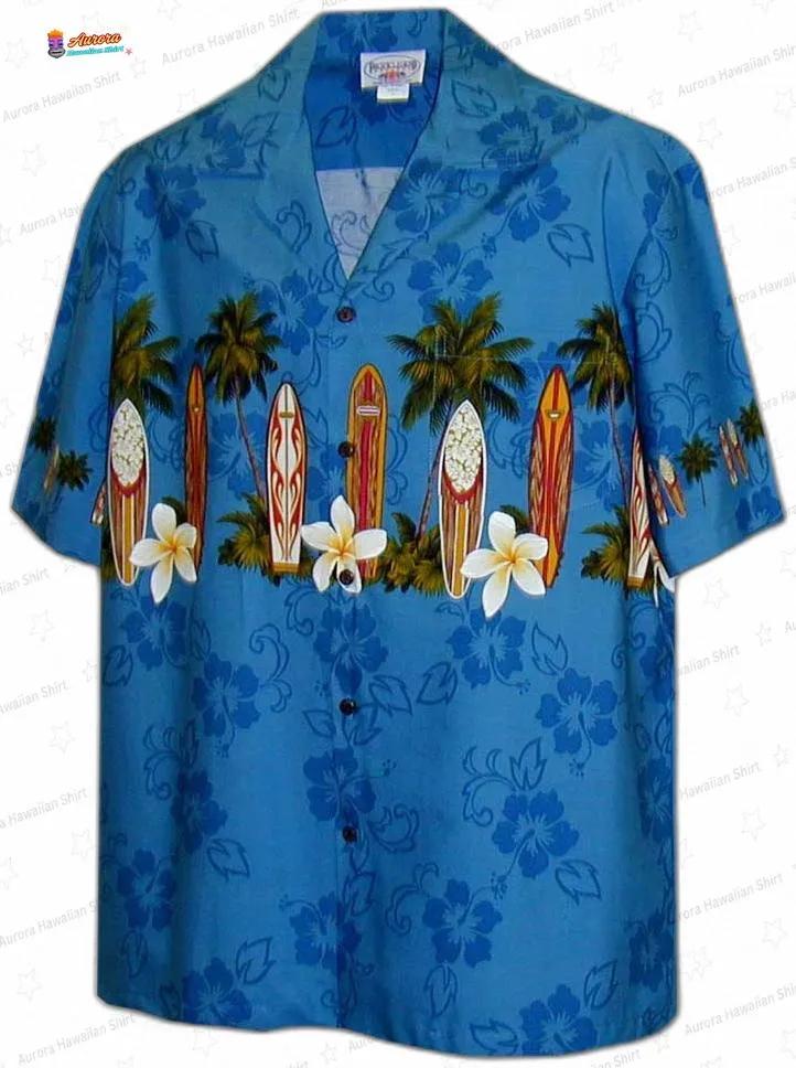 Surfs Up Blue Hawaiian Shirt with Surfboard Palm Tree Print for Beach Trips Surfs Up Blue Hawaiian Shirt with Surfboard Palm Tree Print for Beach Trips