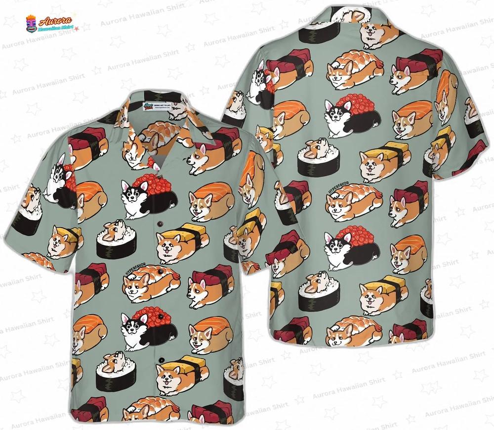 Sushi Corgi Hawaiian Shirt, Cute Pup Roll Vacation Button-Up Sushi Corgi Hawaiian Shirt, Cute Pup Roll Vacation Button-Up