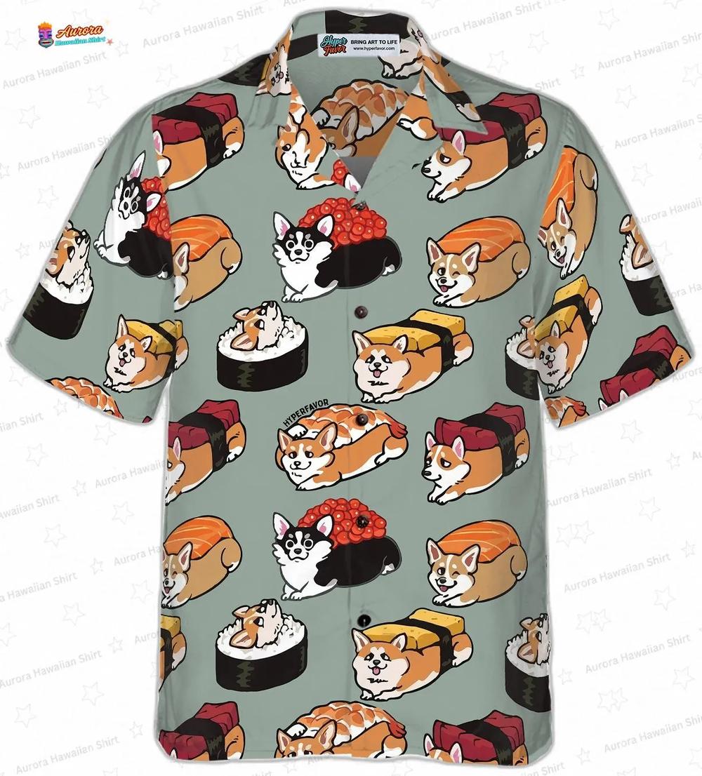 Sushi Corgi Hawaiian Shirt, Cute Pup Roll Vacation Button-Up Sushi Corgi Hawaiian Shirt, Cute Pup Roll Vacation Button-Up