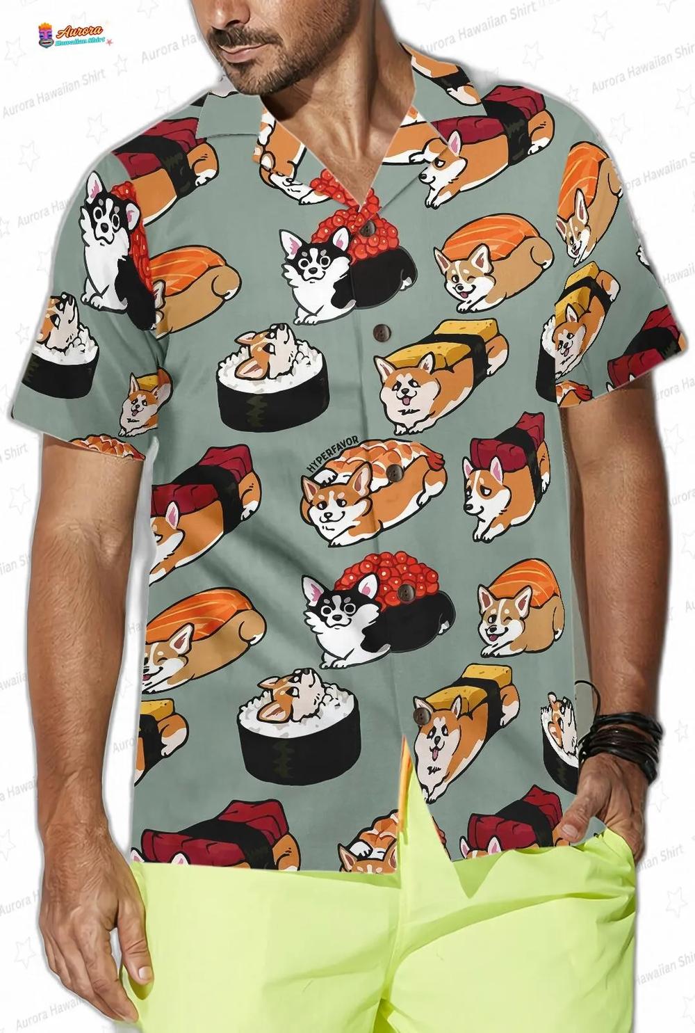 Sushi Corgi Hawaiian Shirt, Cute Pup Roll Vacation Button-Up Sushi Corgi Hawaiian Shirt, Cute Pup Roll Vacation Button-Up