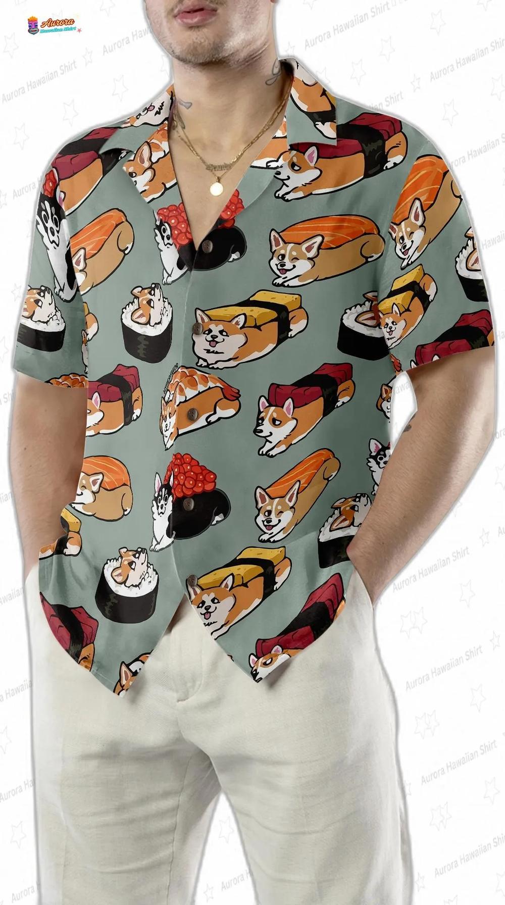 Sushi Corgi Hawaiian Shirt, Cute Pup Roll Vacation Button-Up Sushi Corgi Hawaiian Shirt, Cute Pup Roll Vacation Button-Up