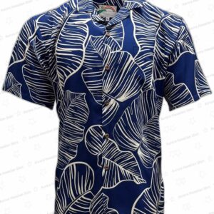 Taro Leaf Deep Blue Hawaiian Shirt, Minimal Botanical Aloha Button-Up for Beach Vacation Gift