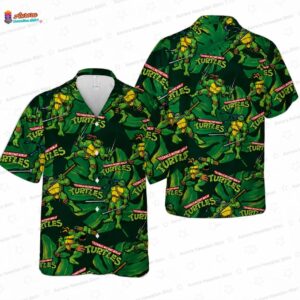 Green Ninja Turtle Hawaiian Shirt, Cartoon Hero Aloha Button-Up for Gamer Vacation Gift
