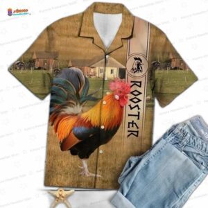 Meadow Beauty Rooster Hawaiian Shirt, Rustic Farmhouse Vacation Button-Up
