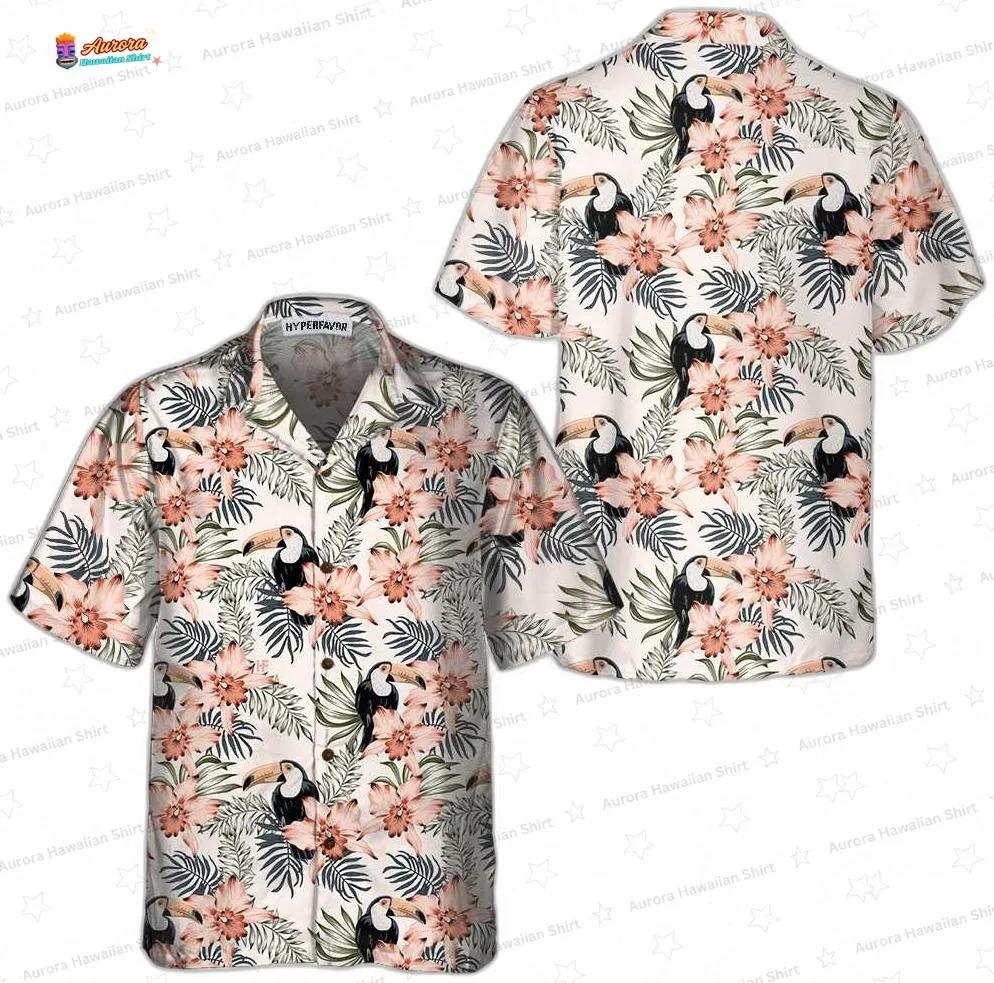 Pink Orchid Toucan Hawaiian Shirt, Floral Short Sleeve Resort Shirt Pink Orchid Toucan Hawaiian Shirt, Floral Short Sleeve Resort Shirt