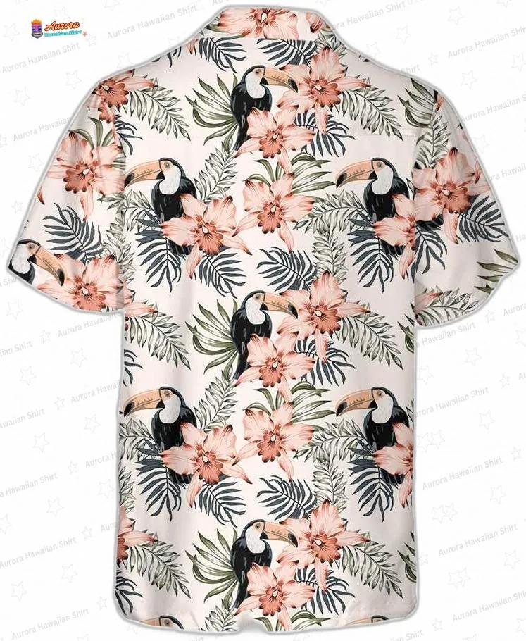 Pink Orchid Toucan Hawaiian Shirt, Floral Short Sleeve Resort Shirt Pink Orchid Toucan Hawaiian Shirt, Floral Short Sleeve Resort Shirt