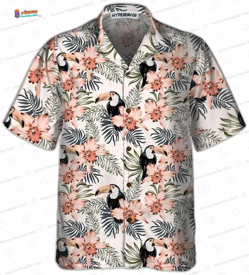 Pink Orchid Toucan Hawaiian Shirt, Floral Short Sleeve Resort Shirt Pink Orchid Toucan Hawaiian Shirt, Floral Short Sleeve Resort Shirt