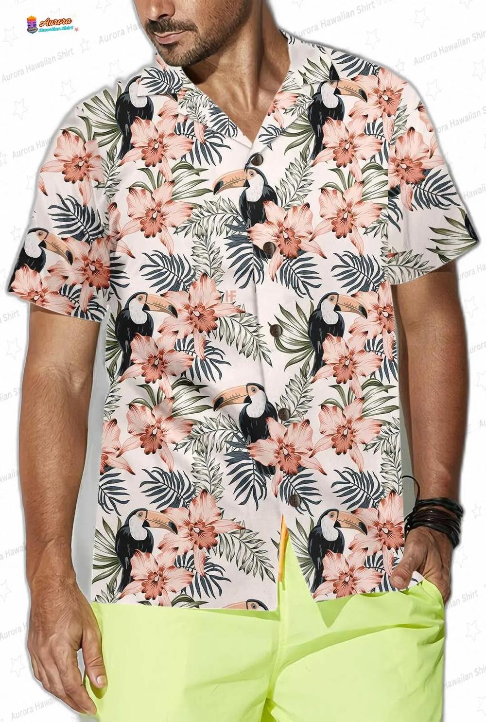 Pink Orchid Toucan Hawaiian Shirt, Floral Short Sleeve Resort Shirt Pink Orchid Toucan Hawaiian Shirt, Floral Short Sleeve Resort Shirt