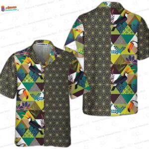 Asanoha Geometric Toucan Hawaiian Shirt, Short Sleeve Vacation Shirt
