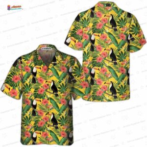 Toucan Birds And Palm Leaves Hawaiian Shirt, Hibiscus Tropical Aloha Button-Up for Vacation Gift