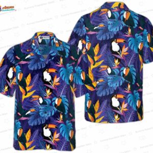 Toucan Birds Tropical Leaves Hawaiian Shirt, Colorful Jungle Aloha Button-Up for Bird Lover Vacation Gift