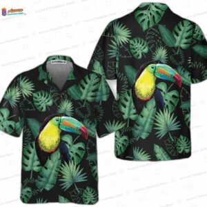 Colorful Forest Toucan Hawaiian Shirt, Tropical Leaf Aloha Button-Up for Vacation Family Trip