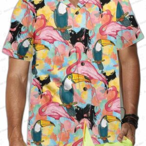 Tropical Toucan Hawaiian Shirt with Flamingo Floral Print for Vacation