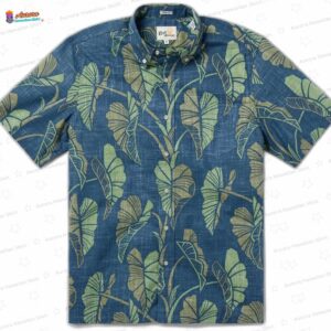 Dark Blue Trailing Taro Hawaiian Shirt, Leaf Print Aloha Button-Up