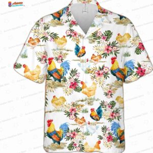 Tropical Farm Rooster Hawaiian Shirt, Floral Aloha Button-Up