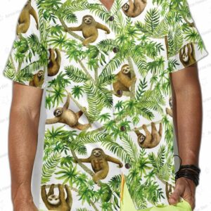 Green Palm Jungle Sloth Hawaiian Shirt, White Tropical Animal Aloha Button-Up for Beach Vacation Gift
