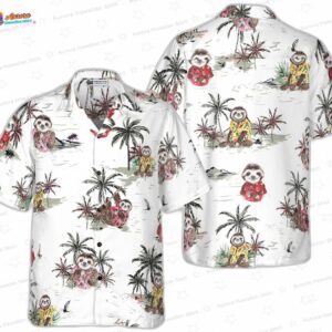 Island Palm Sloth Hawaiian Shirt, White Beach Wildlife Aloha Button-Up for Animal Lover Vacation Gift