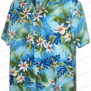 Trendy Tropical Tiare Blue Hawaiian Shirt for Vacation