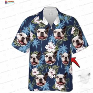 Turquoise And Blue Tropical Leaves Pattern Short-Sleeve Trendy Hawaiian Shirt Custom Photo Dog Flora 1