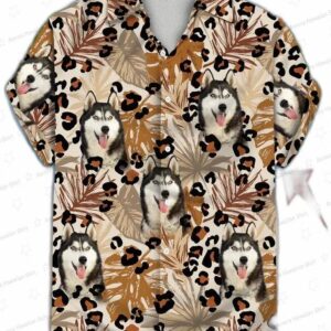 Turquoise And Blue Tropical Leaves Pattern Short-Sleeve Trendy Hawaiian Shirt Custom Photo Dog Flora 2