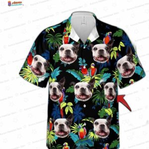 Turquoise And Blue Tropical Leaves Pattern Short-Sleeve Trendy Hawaiian Shirt Custom Photo Dog Flora 4