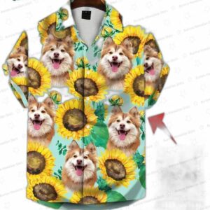 Turquoise And Blue Tropical Leaves Pattern Short-Sleeve Trendy Hawaiian Shirt Custom Photo Dog Flora 8