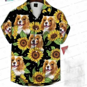 Turquoise And Blue Tropical Leaves Pattern Short-Sleeve Trendy Hawaiian Shirt Custom Photo Dog Flora 10