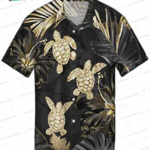 Golden Tropical Turtle Hawaiian Shirt, Black Palm Leaf Aloha Button-Up for Marine Lover Vacation Gift