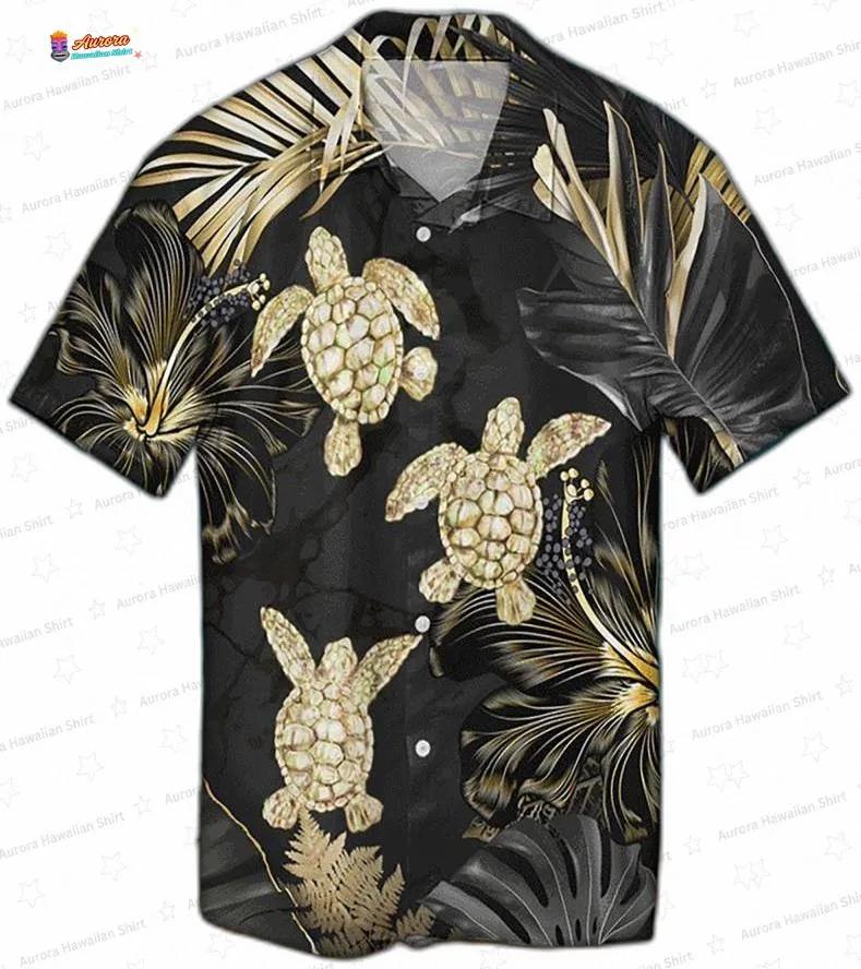 Golden Tropical Turtle Hawaiian Shirt, Black Palm Leaf Aloha Button-Up for Marine Lover Vacation Gift Golden Tropical Turtle Hawaiian Shirt, Black Palm Leaf Aloha Button-Up for Marine Lover Vacation Gift