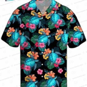 Black Hibiscus Sea Turtle Hawaiian Shirt, Short Sleeve Aloha Beach Outfit
