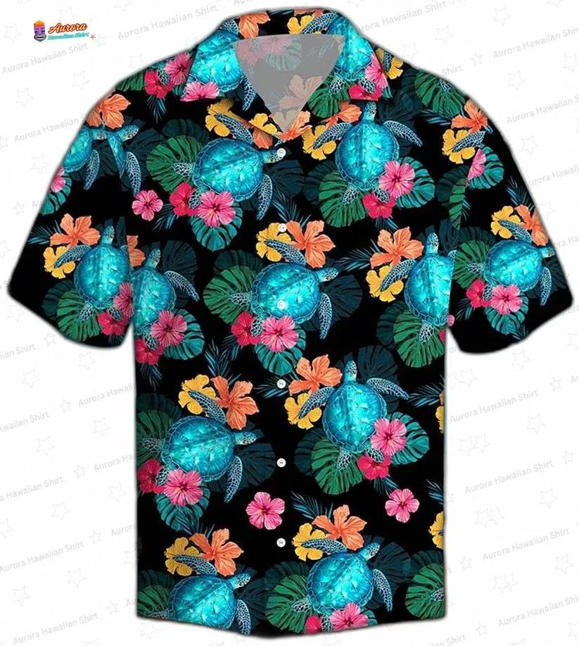 Black Hibiscus Sea Turtle Hawaiian Shirt, Short Sleeve Aloha Beach Outfit Black Hibiscus Sea Turtle Hawaiian Shirt, Short Sleeve Aloha Beach Outfit
