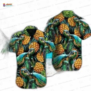 Pineapple Sea Turtle Hawaiian Shirt, Tropical Polyester Beach Vacation Outfit