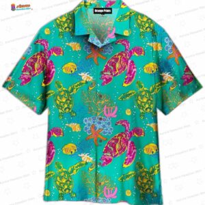 Vibrant Coral Sea Turtle Hawaiian Shirt, Colorful Ocean Aloha Button-Up for Marine Lover Vacation Gift