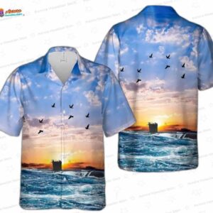 USS Dolphin Submarine Hawaiian Shirt, Ocean Sunset Navy Aloha Button-Up for Veteran Vacation Gift