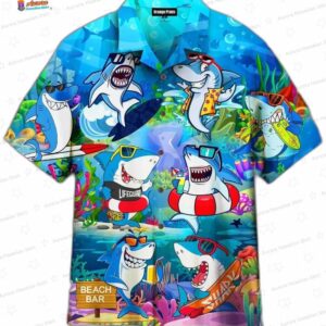 Funny Under Sea Shark Hawaiian Shirt, Cartoon Beach Bar Aloha Button-Up for Family Vacation Gift
