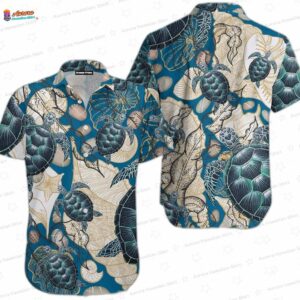 Blue Sea Turtle Hawaiian Shirt with Underwater Floral Print for Beach Trips
