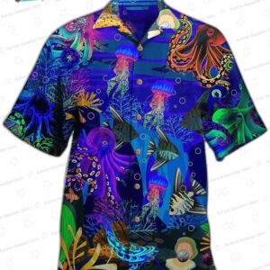Neon Ocean Octopus Hawaiian Shirt, Vivid Sea Life Aloha Button-Up for Festival Vacation Gift
