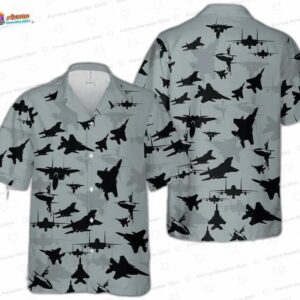 US Air Force F-15 Eagle Silhouette Hawaiian Shirt – Gray Fighter Jet Aloha Shirt
