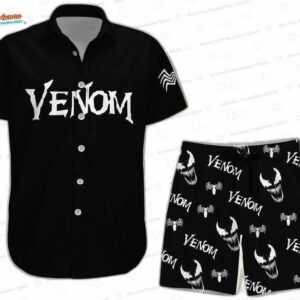 Black Venom Hawaiian Shirt and Shorts Set for Marvel Fans, Matching Button-Up Vacation Outfit