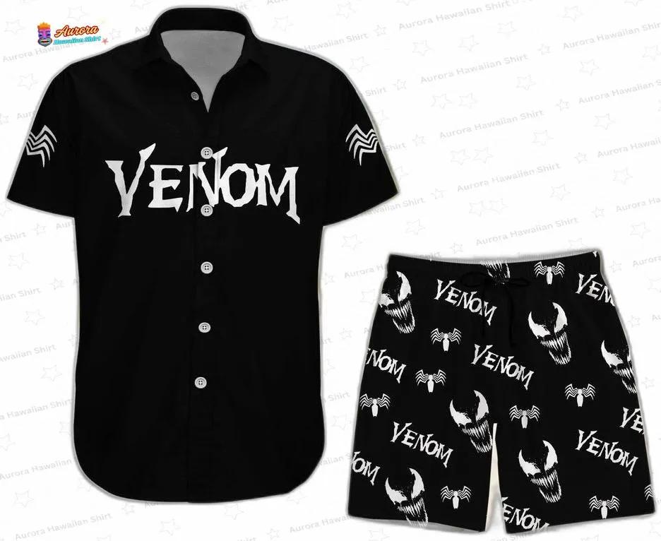 Black Venom Hawaiian Shirt and Shorts Set for Marvel Fans, Matching Button-Up Vacation Outfit Black Venom Hawaiian Shirt and Shorts Set for Marvel Fans, Matching Button-Up Vacation Outfit