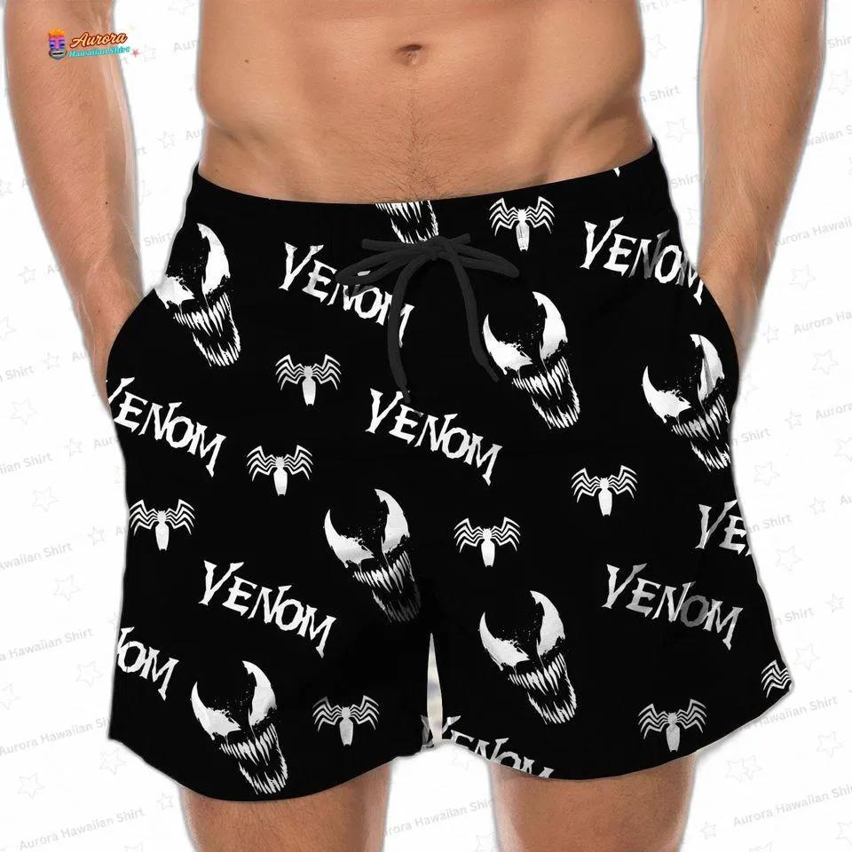 Black Venom Hawaiian Shirt and Shorts Set for Marvel Fans, Matching Button-Up Vacation Outfit Black Venom Hawaiian Shirt and Shorts Set for Marvel Fans, Matching Button-Up Vacation Outfit
