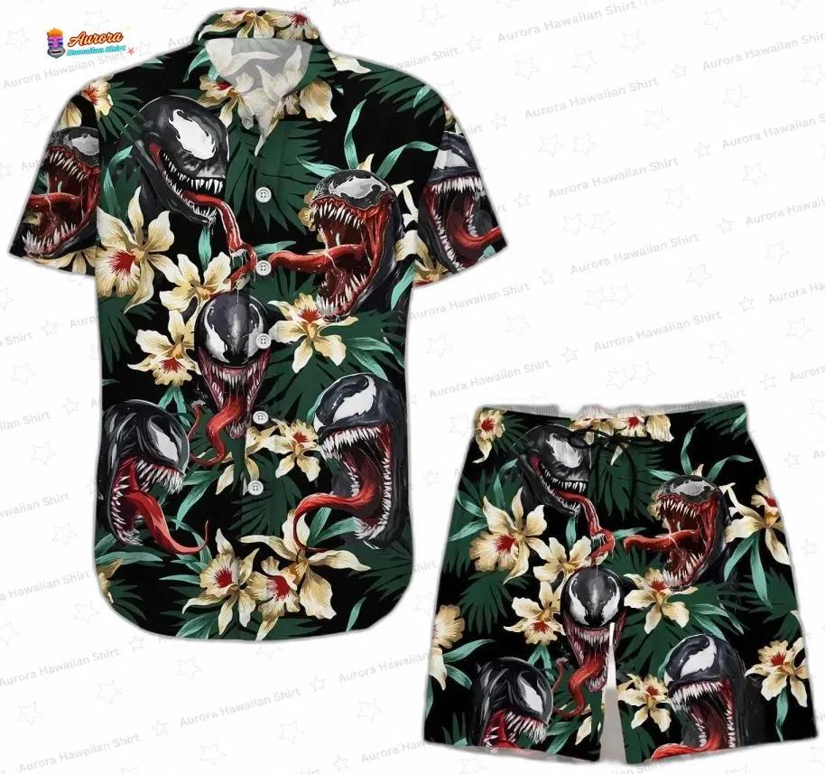 Venom Villain Hawaiian Shirt Set with Floral Aloha Print for Beach Parties Venom Villain Hawaiian Shirt Set with Floral Aloha Print for Beach Parties
