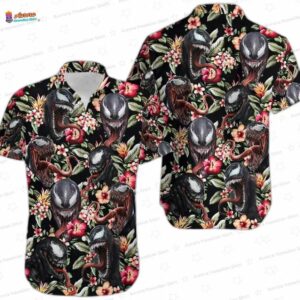 Floral Symbiote Venom Hawaiian Shirt, Dark Tropical Aloha Button-Up for Comic Fan Vacation Gift