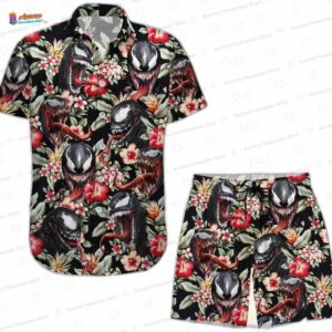 Venom Hawaiian Shirt and Shorts Set, Horror Floral Aloha Beach Outfit