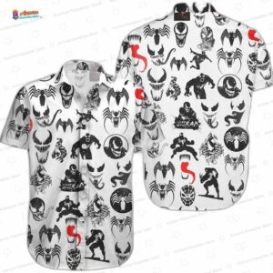 Black Symbiote Pattern Venom Hawaiian Shirt, White Comic Aloha Button-Up for Horror Movie Fan Gift