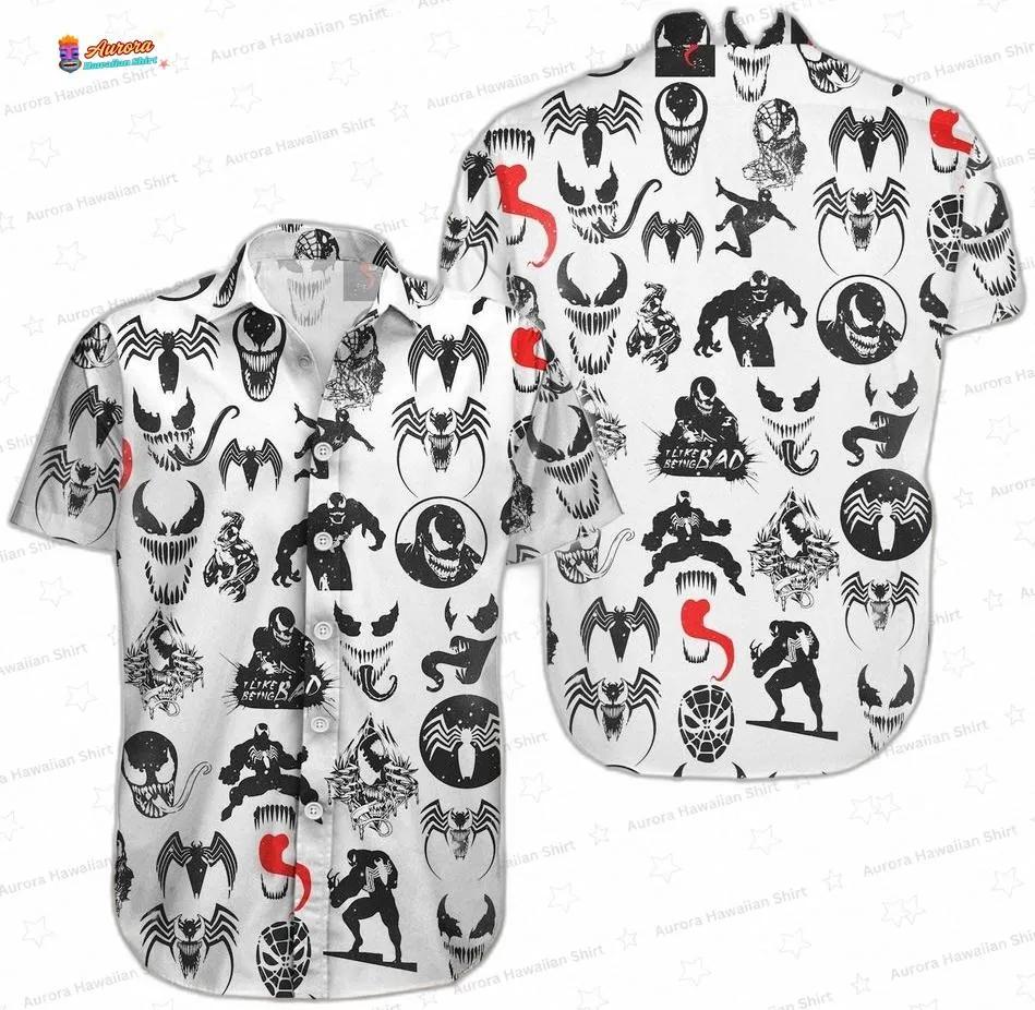 Black Symbiote Pattern Venom Hawaiian Shirt, White Comic Aloha Button-Up for Horror Movie Fan Gift Black Symbiote Pattern Venom Hawaiian Shirt, White Comic Aloha Button-Up for Horror Movie Fan Gift
