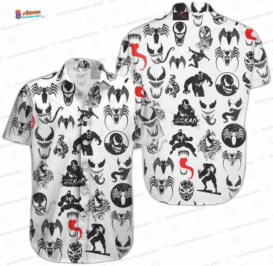Black Symbiote Pattern Venom Hawaiian Shirt, White Comic Aloha Button-Up for Horror Movie Fan Gift Black Symbiote Pattern Venom Hawaiian Shirt, White Comic Aloha Button-Up for Horror Movie Fan Gift