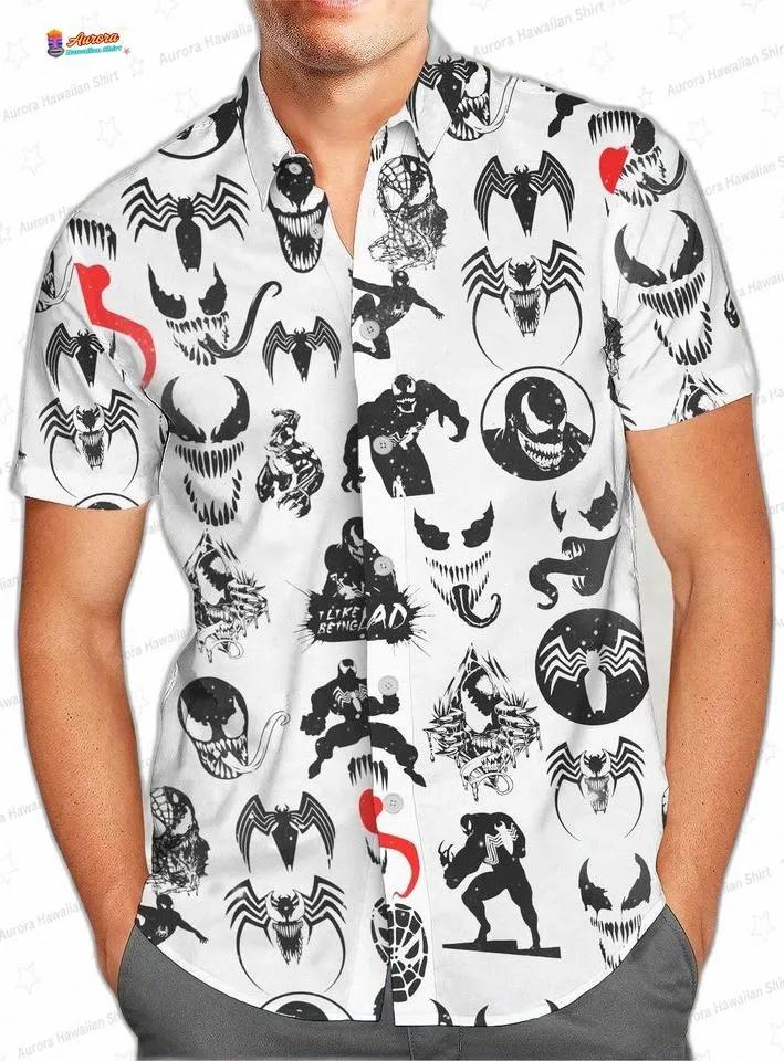 Black Symbiote Pattern Venom Hawaiian Shirt, White Comic Aloha Button-Up for Horror Movie Fan Gift Black Symbiote Pattern Venom Hawaiian Shirt, White Comic Aloha Button-Up for Horror Movie Fan Gift